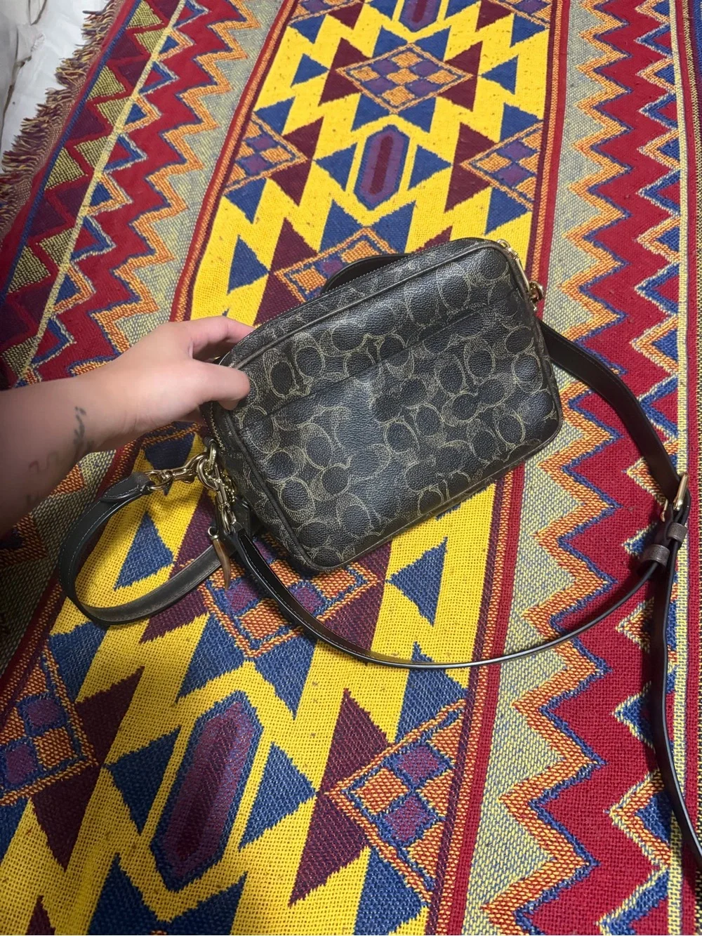Coach Dark Brown Signature Canvas Crossbody Bag open to offers brand new .